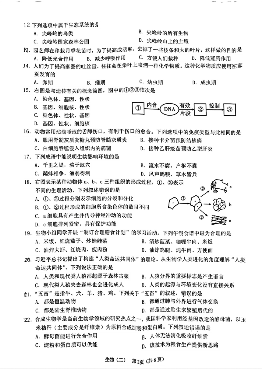 2024年海南省三亚市中考二模考试生物试题（pdf版无答案）