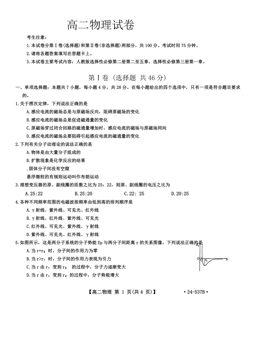 内蒙古赤峰市高二部分学校2023-2024学年高二下学期5月期中联考物理试题（含答案）