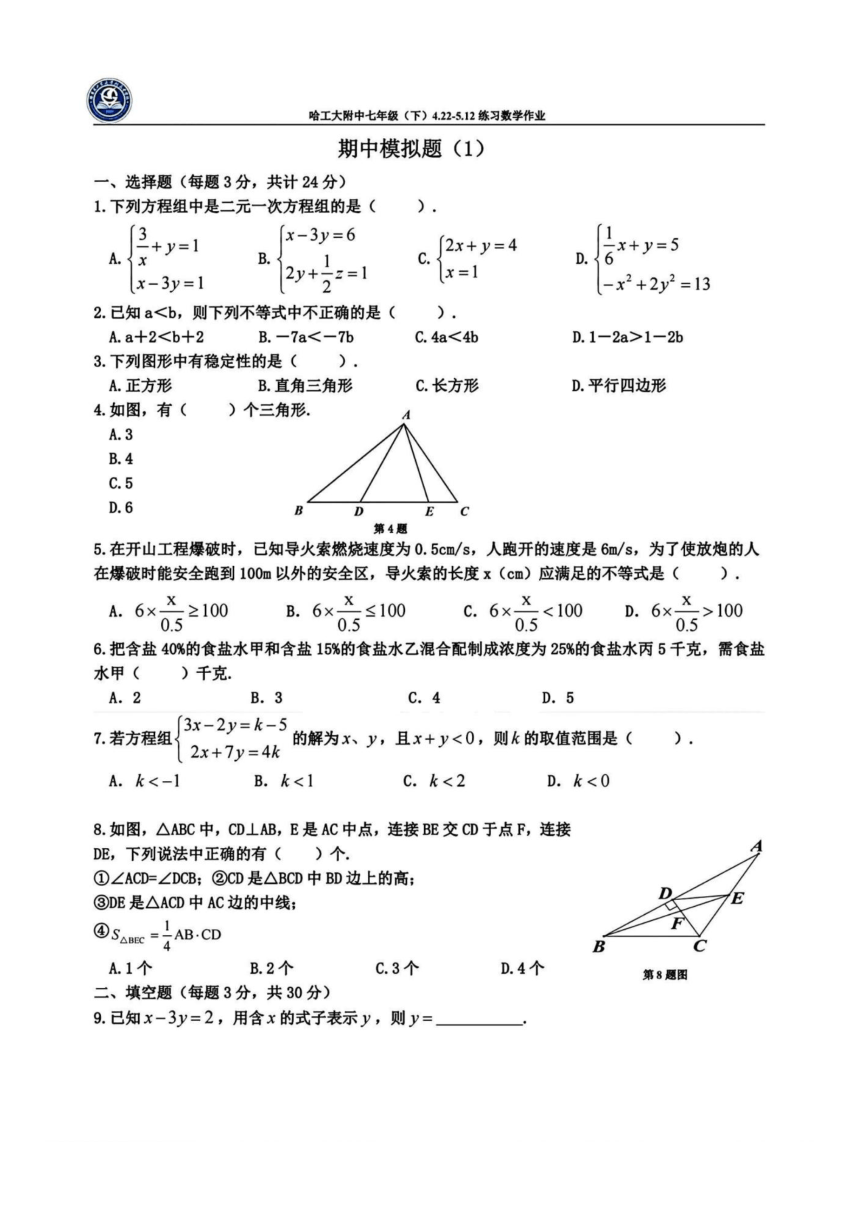 黑龙江省哈尔滨市哈工大附中七年级下学期数学期中模拟卷（图片版，无答案）