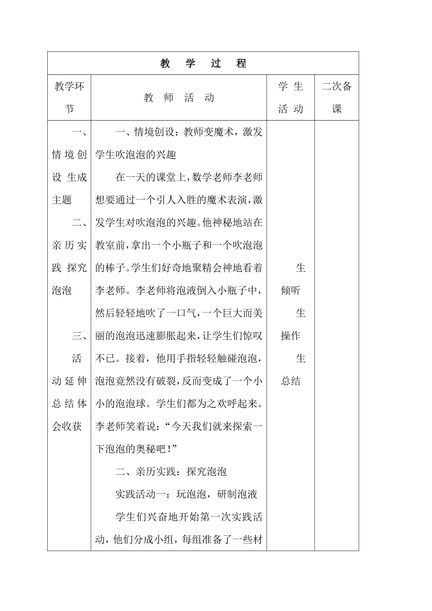 “神奇的泡泡”  教案(表格式)