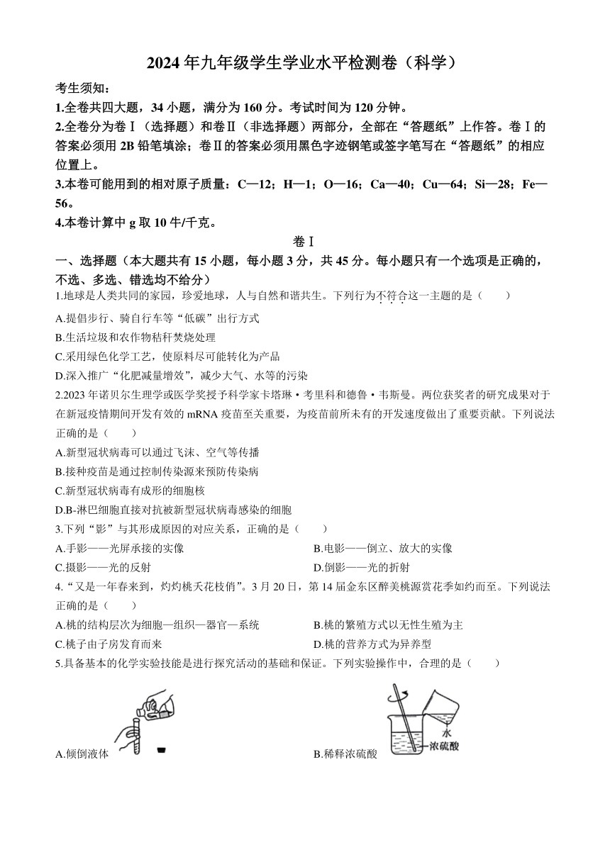 浙江省金华市金东区2024年九年级学生学业水平检测卷 科学试题（含答案）