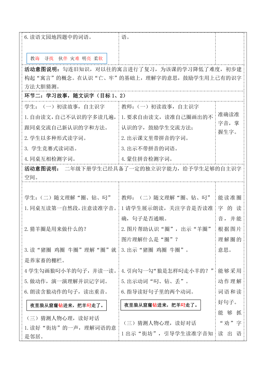 部编版语文二年级下册 12 寓言二则 教学设计（表格式）