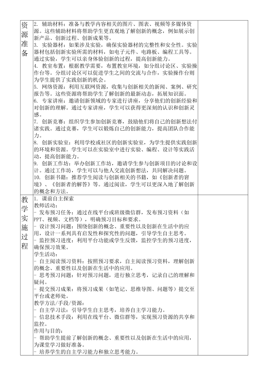 （核心素养目标）2.1 创新改变生活 表格式教案-2023-2024学年统编版道德与法治九年级上册