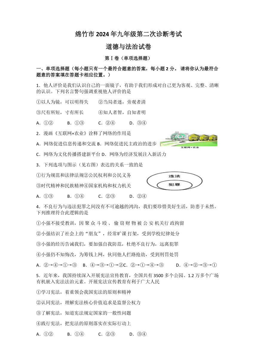 2024年四川省德阳市绵竹市中考二模道德与法治试题（含答案）