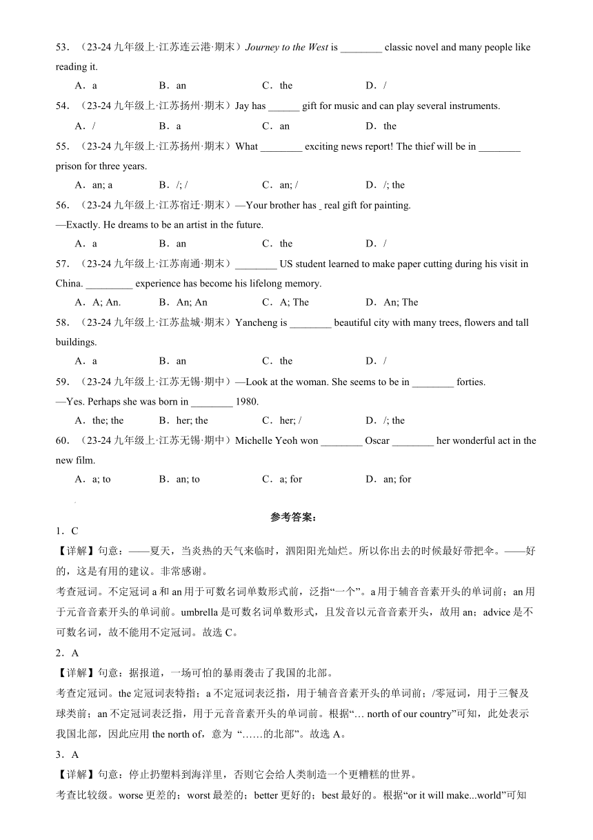 2024年江苏省中考英语（冠词）模拟真题分类训练（含解析）