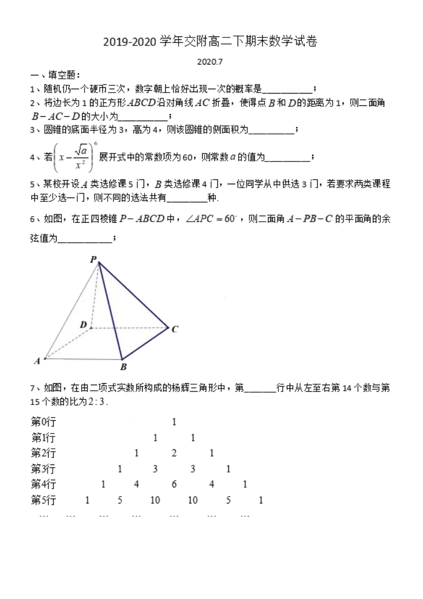 上海交通大学附属中学2019-2020学年高二下学期期末考试数学试卷及答案（PDF版）