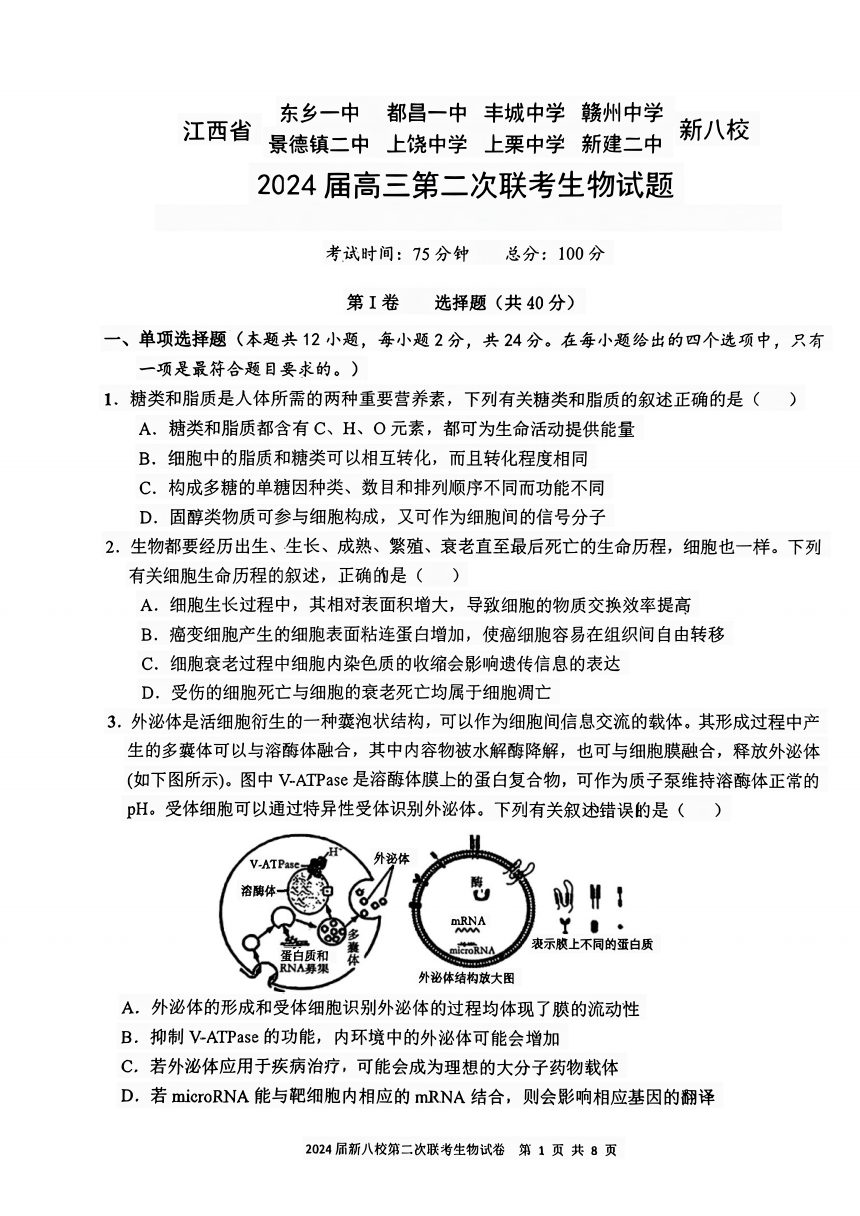 江西省新八校2024年高三第二次联考生物试题（pdf版无答案）