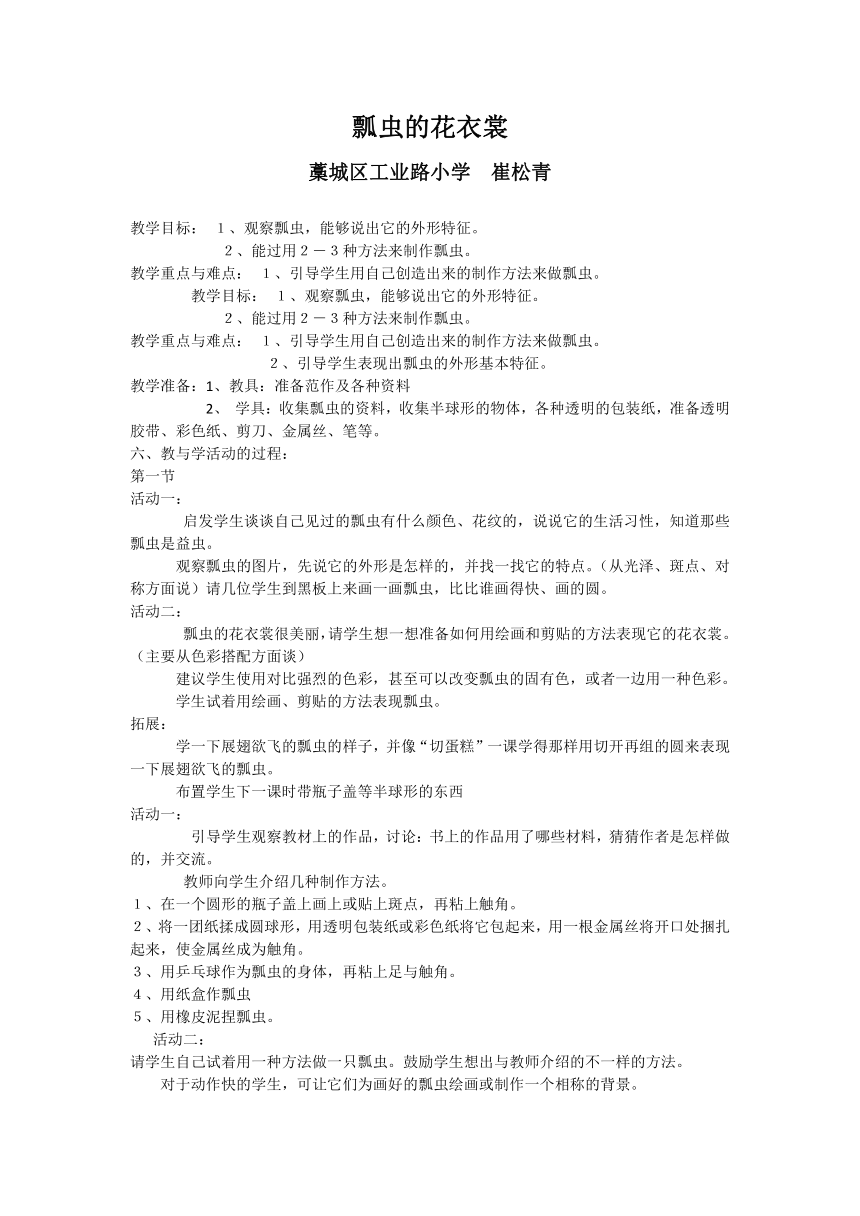 人教版一年级美术下册《第8课　瓢虫的花衣裳》教学设计