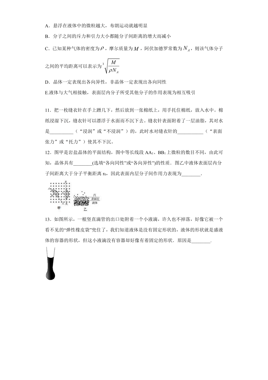 东营市胜利第三十九中学2019-2020学年高中物理鲁科版选修3-3：3.1液体的表面张力 同步练习（含解析）