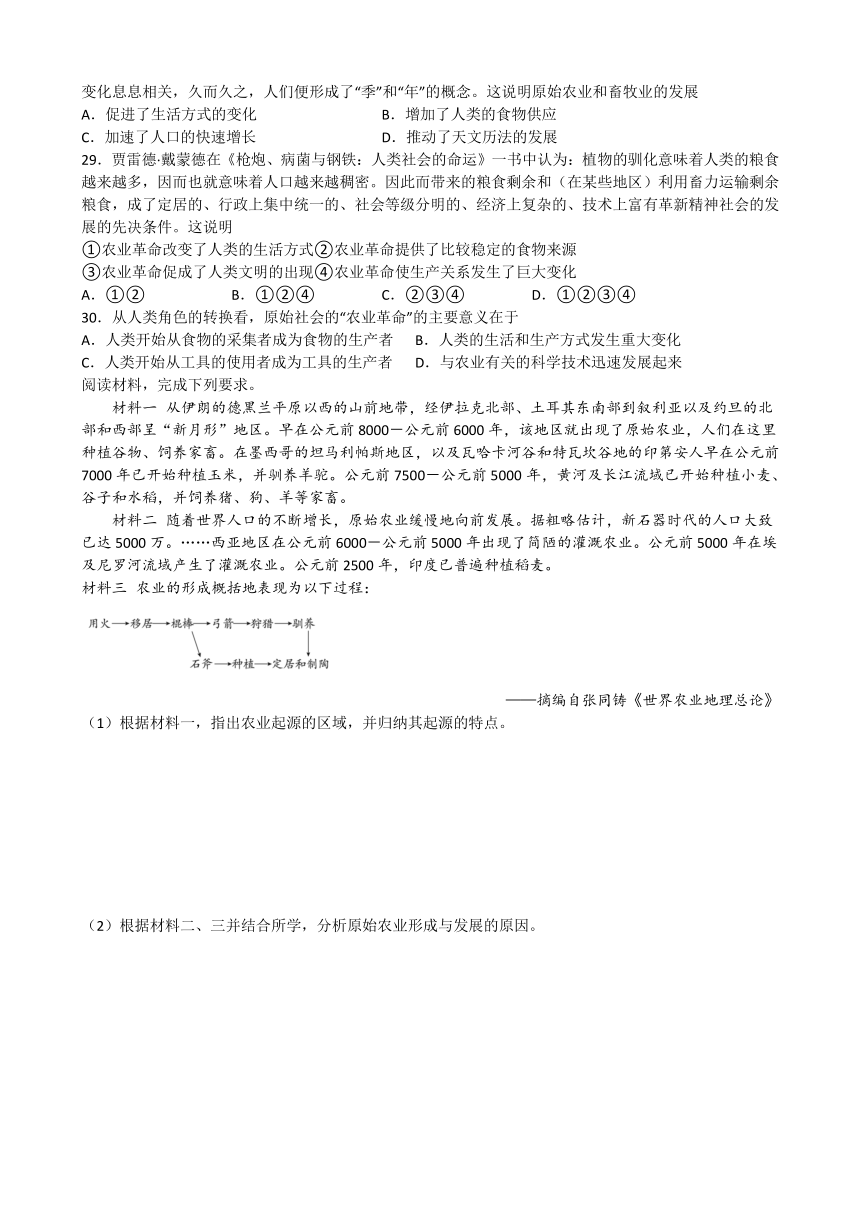 第1课 从食物的采集到食物的生产 课时练习（含解析）--2023-2024学年统编版（2019）高中历史选择性必修2 经济与社会生活