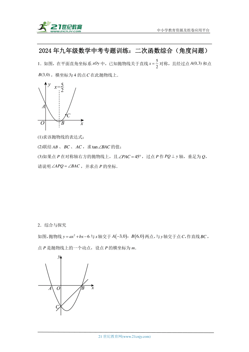 2024年九年级数学中考专题训练：二次函数综合（角度问题）（含解析）