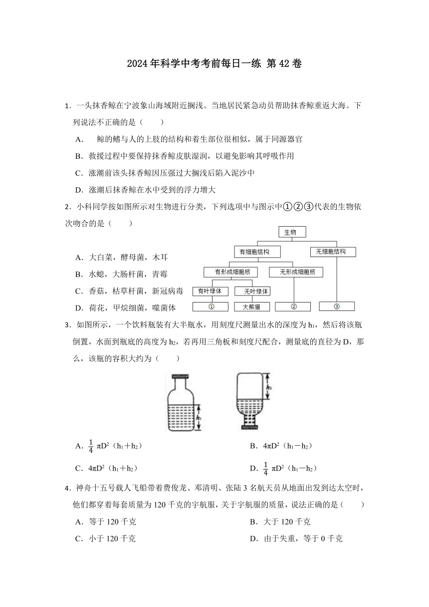 2024年浙江省科学中考考前每日一练 第42卷（含解析）