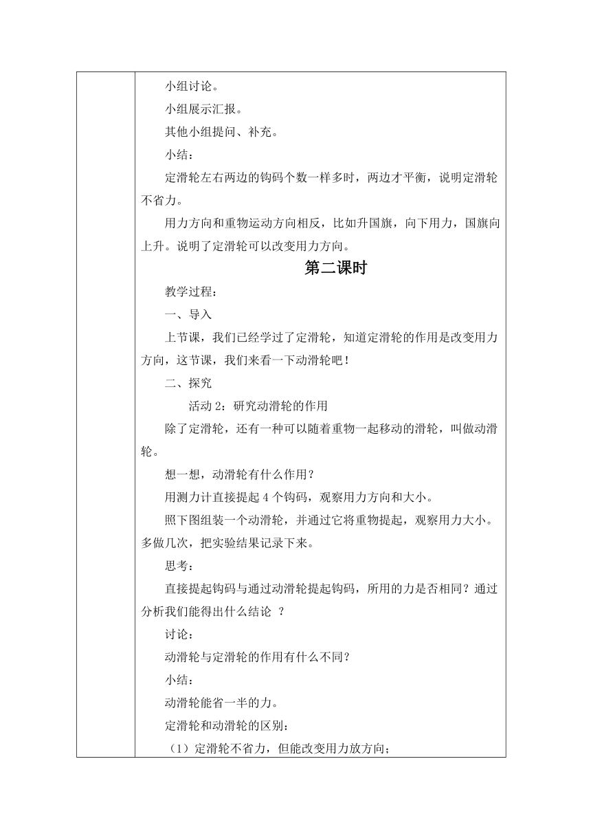 冀人版（2017秋）五年级下册5.19滑轮的作用 教学设计（表格式）