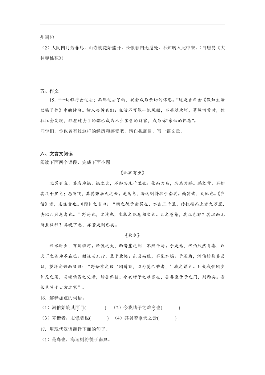 部编版语文八年级下册期末综合复习试题（三）（含答案）