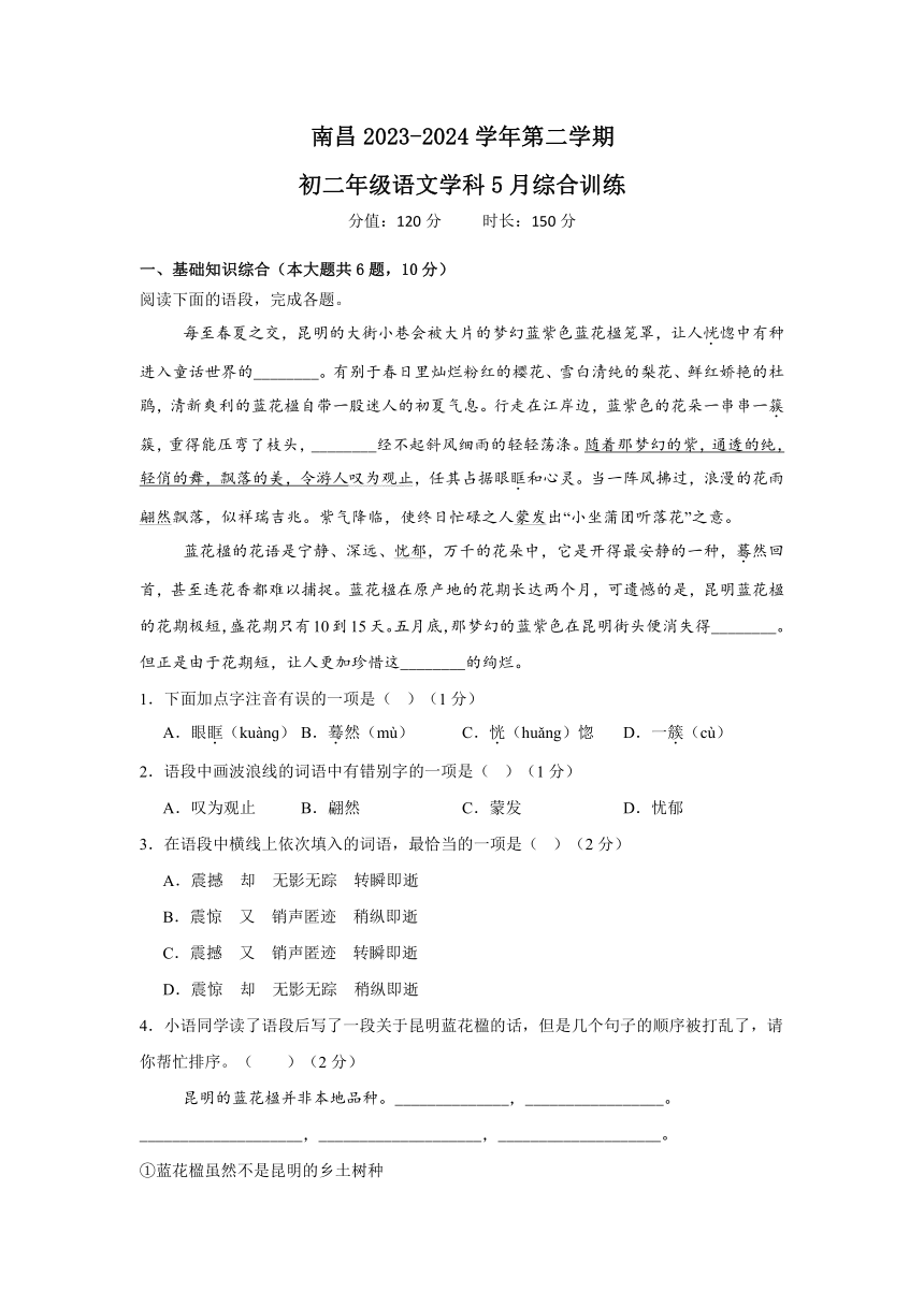 江西省南昌2023-2024学年八年级下学期5月综合训练语文试题（含解析）