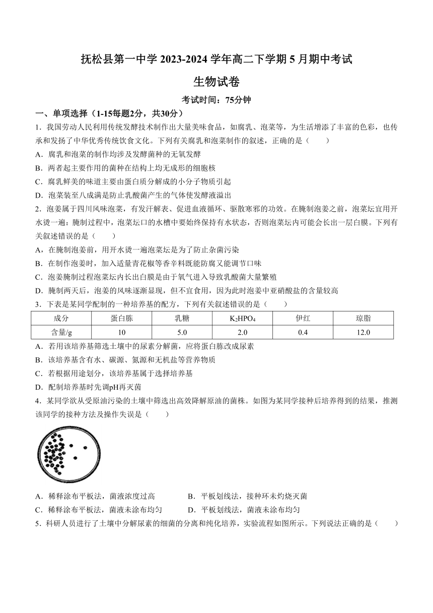 吉林省白山市抚松县第一中学2023-2024学年高二下学期5月期中考试生物学试题（含答案）