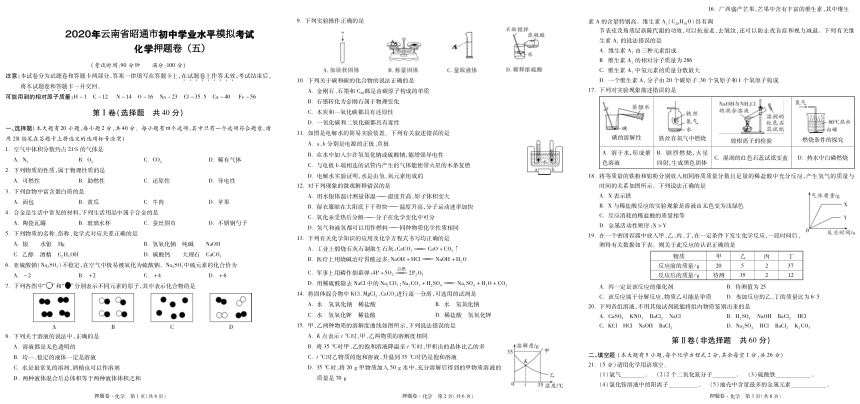 2020年云南省昭通市初中学业水平模拟考试化学押题卷（五）（PDF版 无答案）