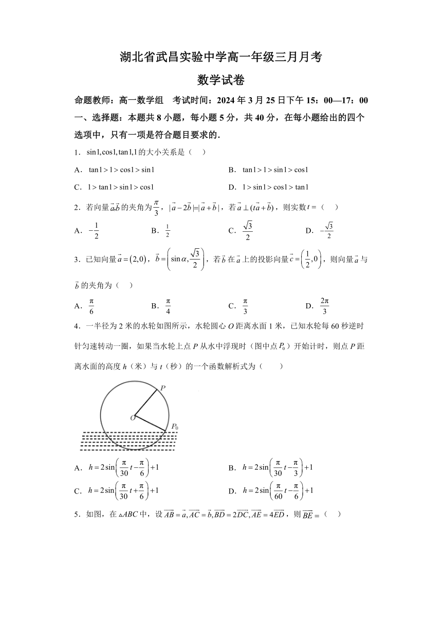 湖北省武昌实验中学2023-2024学年高一下学期3月月考数学试卷（解析版）