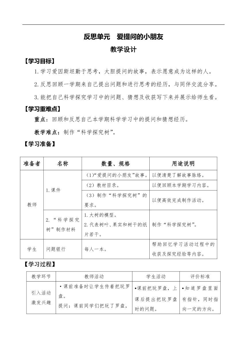 大象2017版一年级科学上册 《反思单元 爱提问的小朋友》教学设计