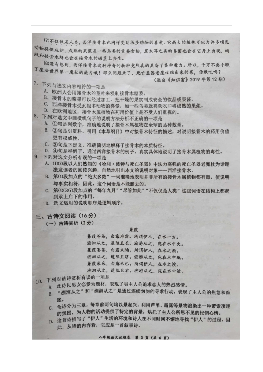 广西岑溪市2019-2020学年八年级下学期期末考试语文试题（图片版含答案）