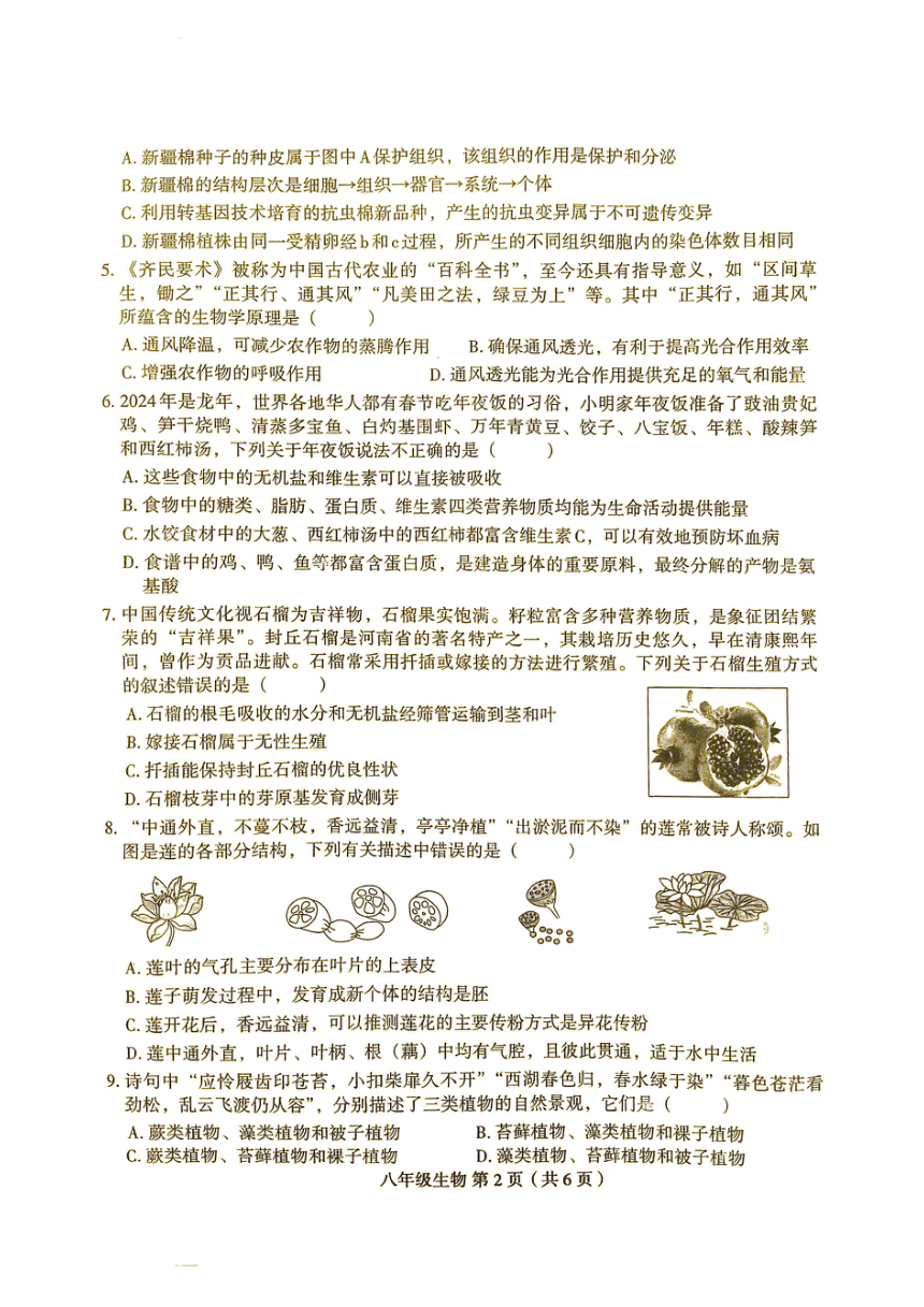 河南省周口市太康县2023-2024学年八年级下学期4月期中生物试题（pdf版含答案）