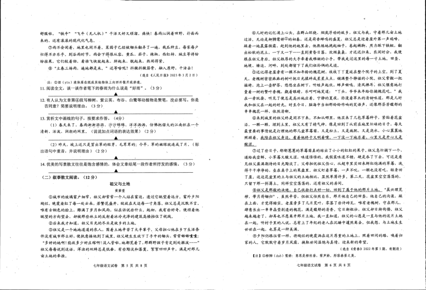江苏省宿迁市泗阳县2023-2024学年七年级上学期期中语文试卷（pdf版无答案）