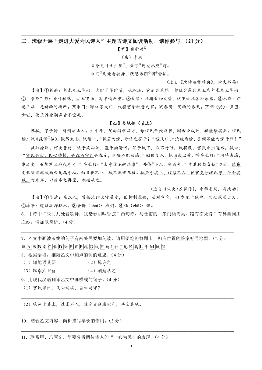 2024年江苏省泗阳县中考二模语文试题(含答案)