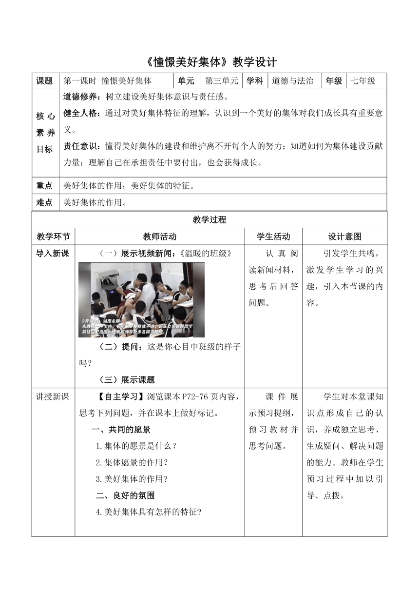 （核心素养目标）8.1 憧憬美好集体 表格式教案-2023-2024学年统编版道德与法治七年级下册