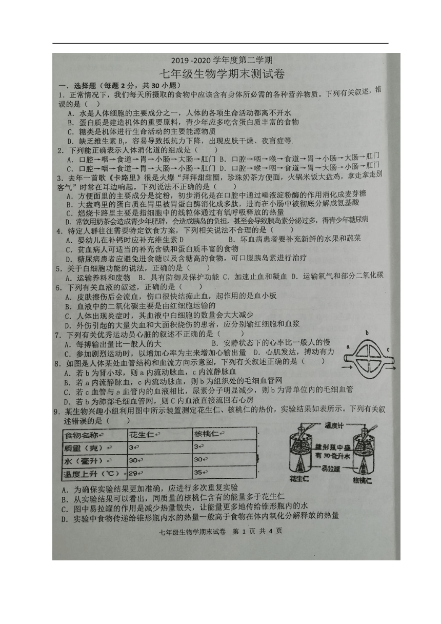 广东省揭阳市产业园2019-2020学年七年级下学期期末考试生物试题（图片版含答案）