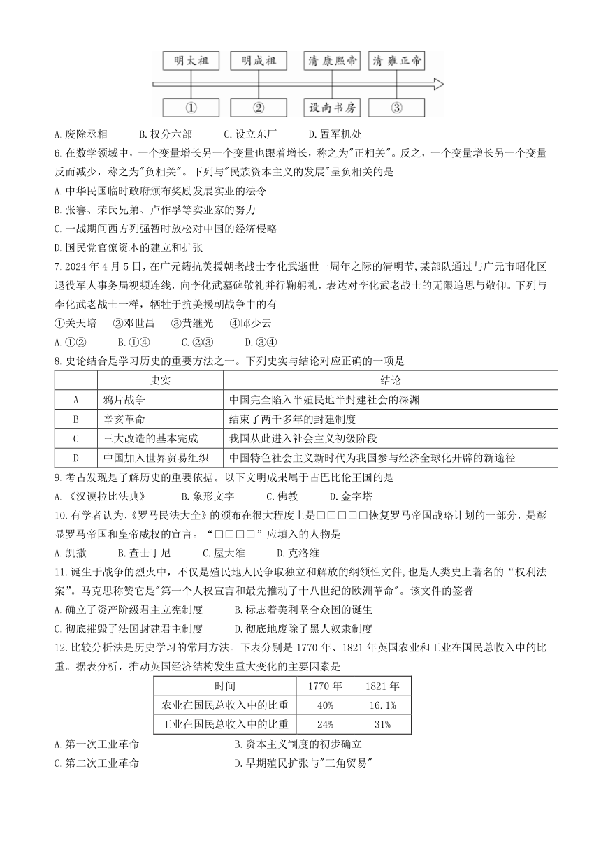 四川省广元市剑阁县2023-2024学年九年级下学期第一次诊断性监测历史试卷(含答案)