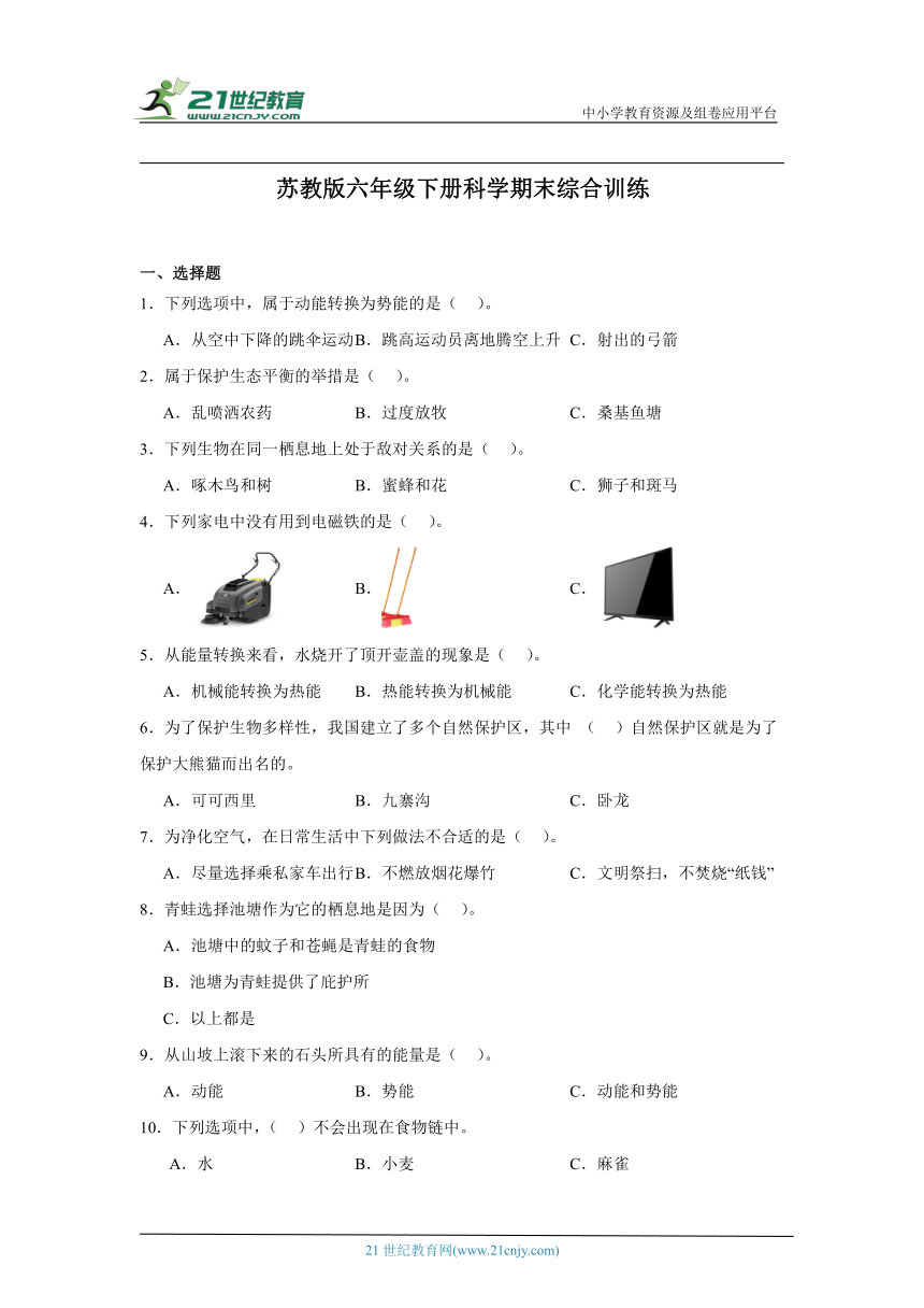 苏教版（2017秋）六年级下册科学期末综合训练（含答案）