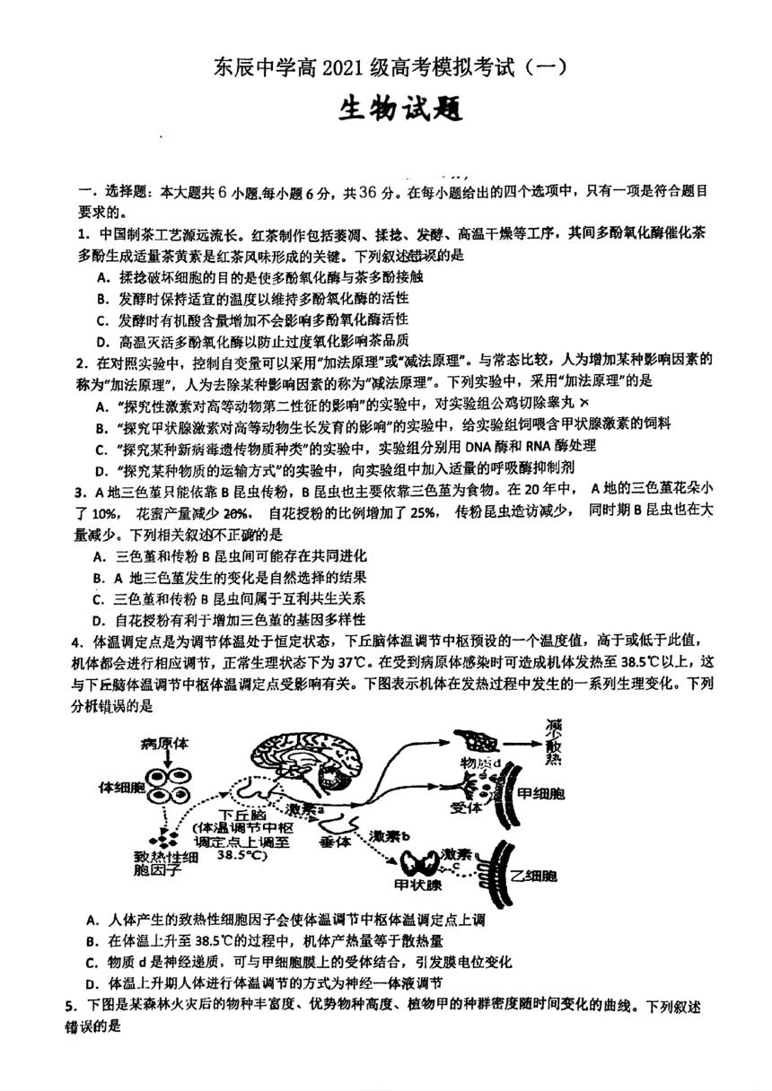 四川省绵阳市涪城区东辰中学2024年高考模拟考试(一模)生物试题（PDF版含答案）