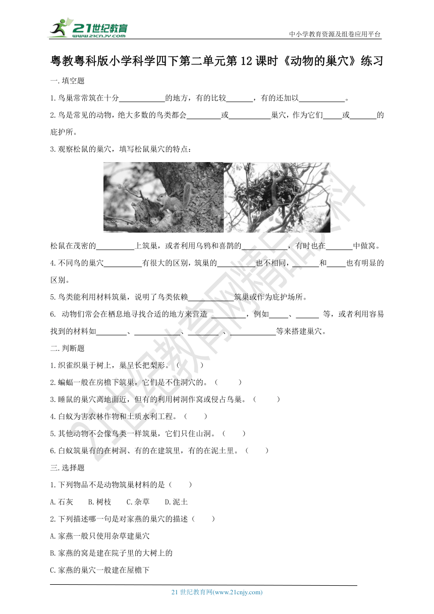粤教粤科版小学科学四下第二单元第12课时《动物的巢穴》练习