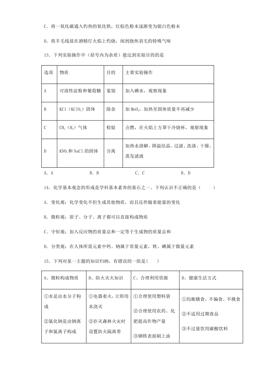 鲁教版化学九年级下册第十单元《化学与健康》测试题（含答案）