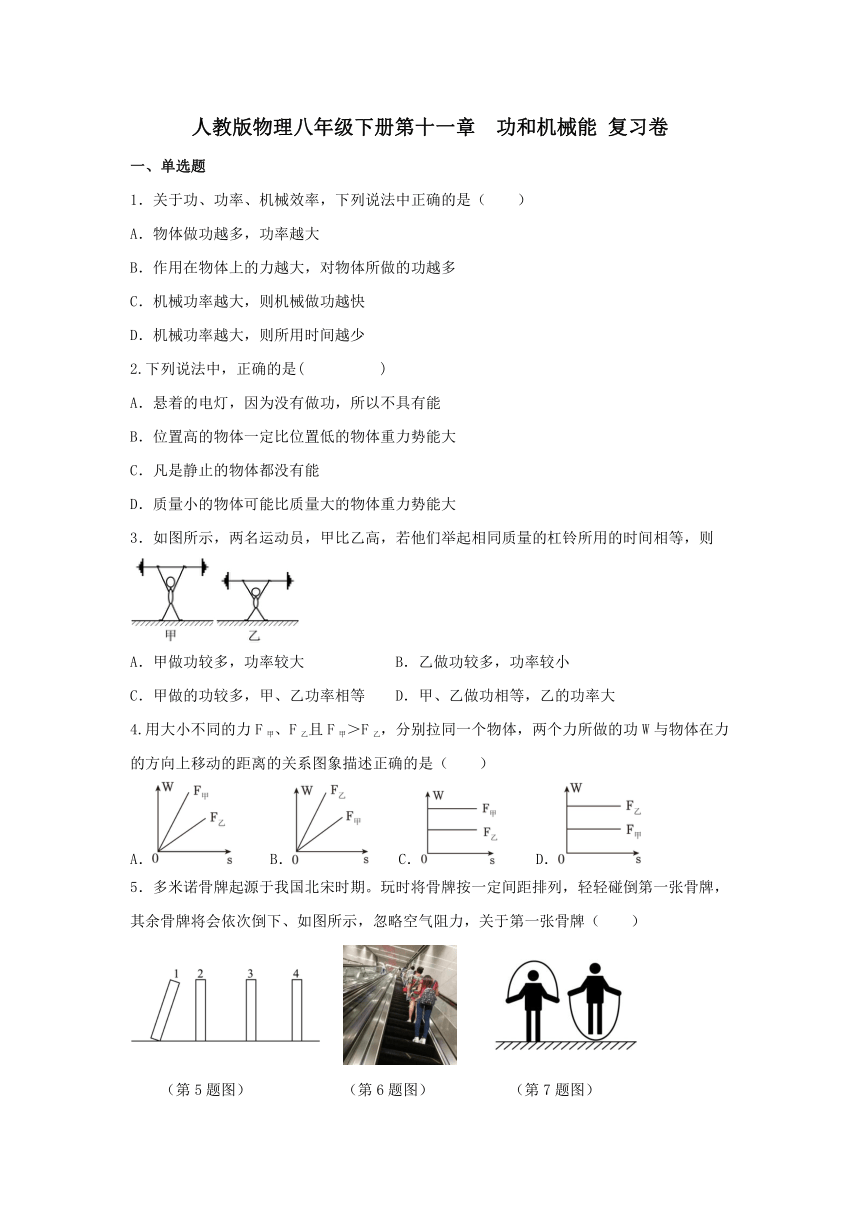 第十一章功和机械能复习卷（含答案）2023-2024学年人教版物理八年级下册