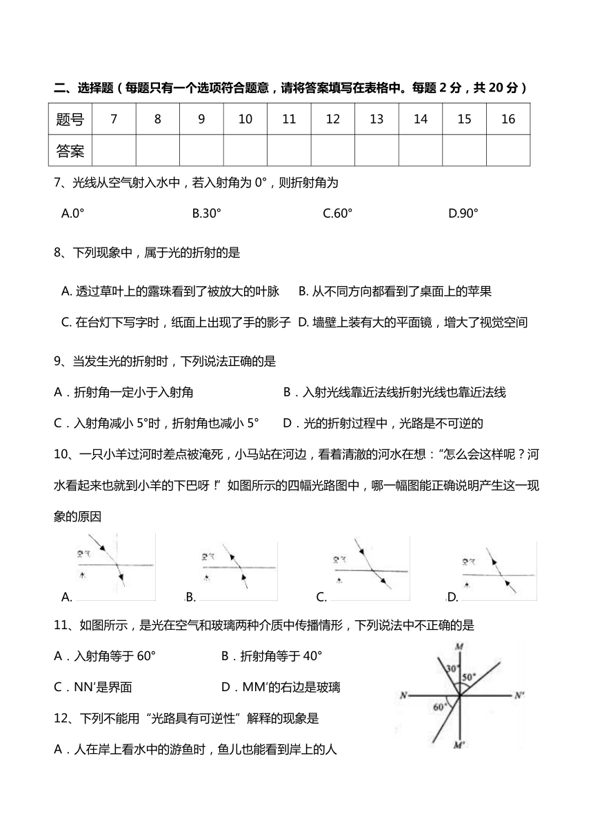 沪粤版八年级物理上册3.4探究光的折射规律 同步练习（无答案）