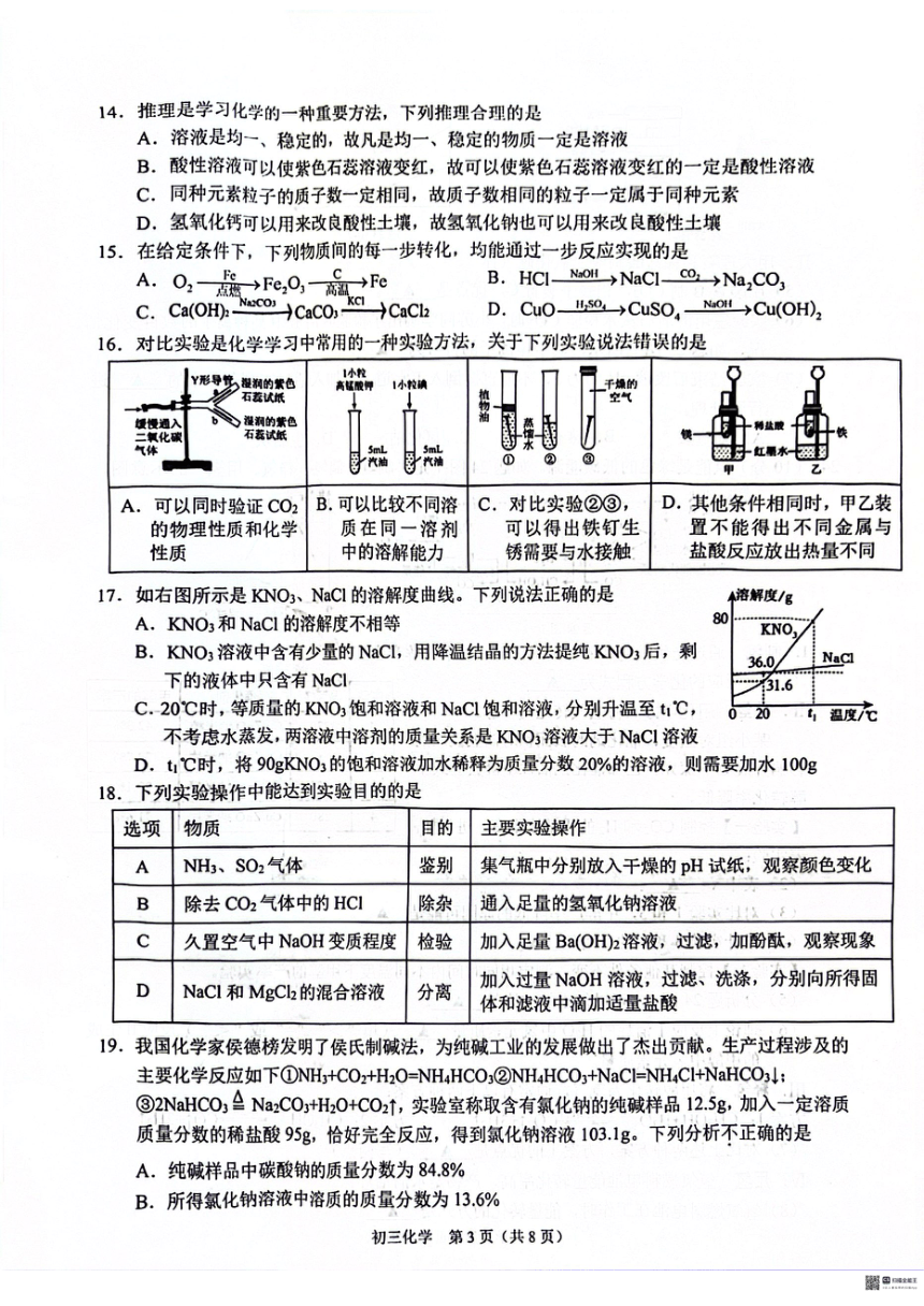 2024年江苏省苏州市姑苏区苏高联盟学校中考一模化学试卷（PDF无答案）