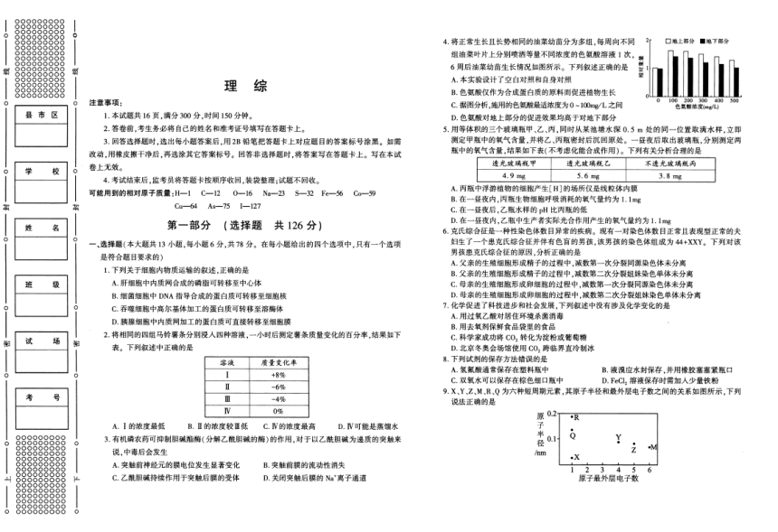 陕西省部分学校2024届高三下学期5月第一次模拟考试理综试卷（图片版含答案）