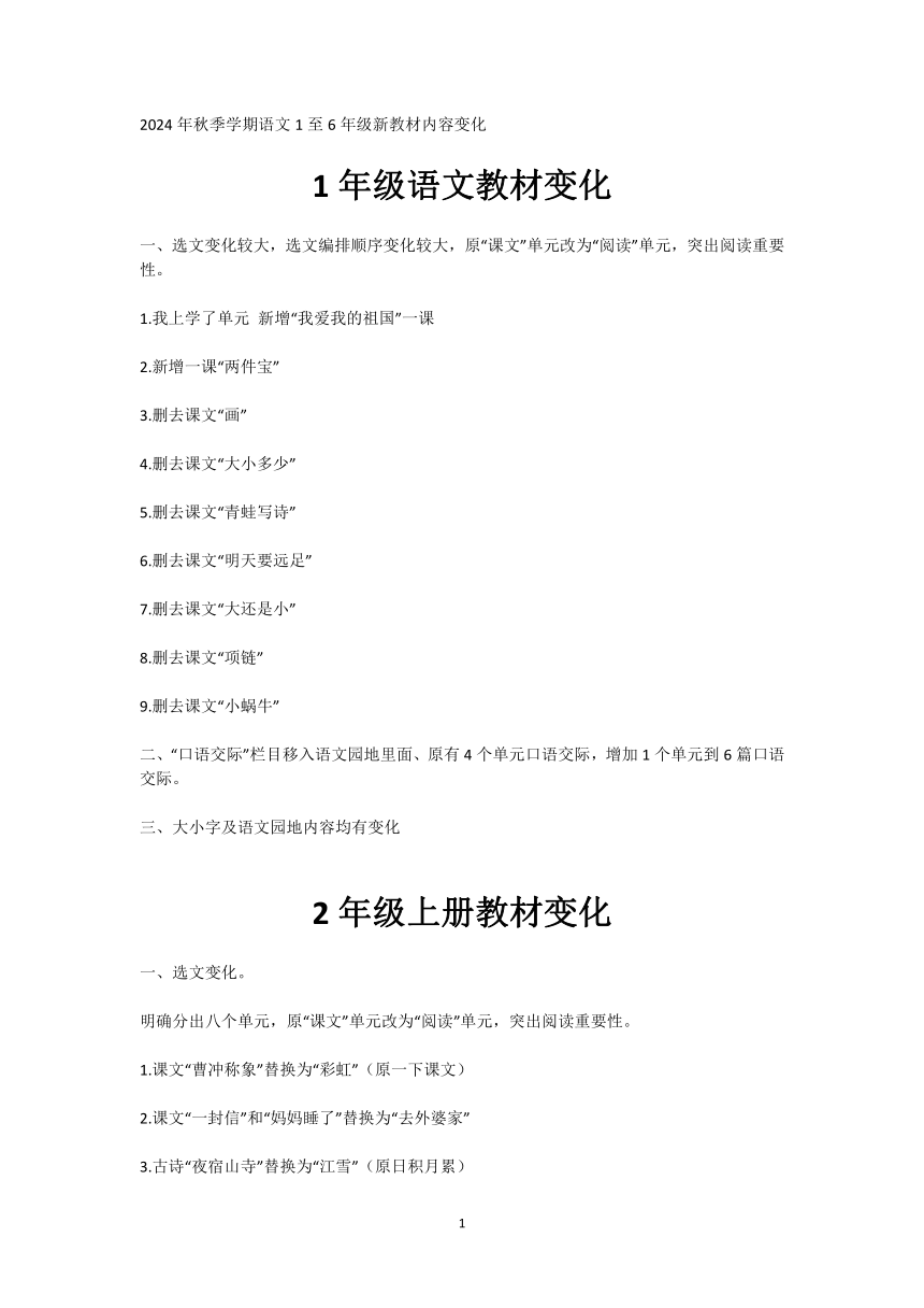 2024年秋季学期语文1至6年级新教材内容变化