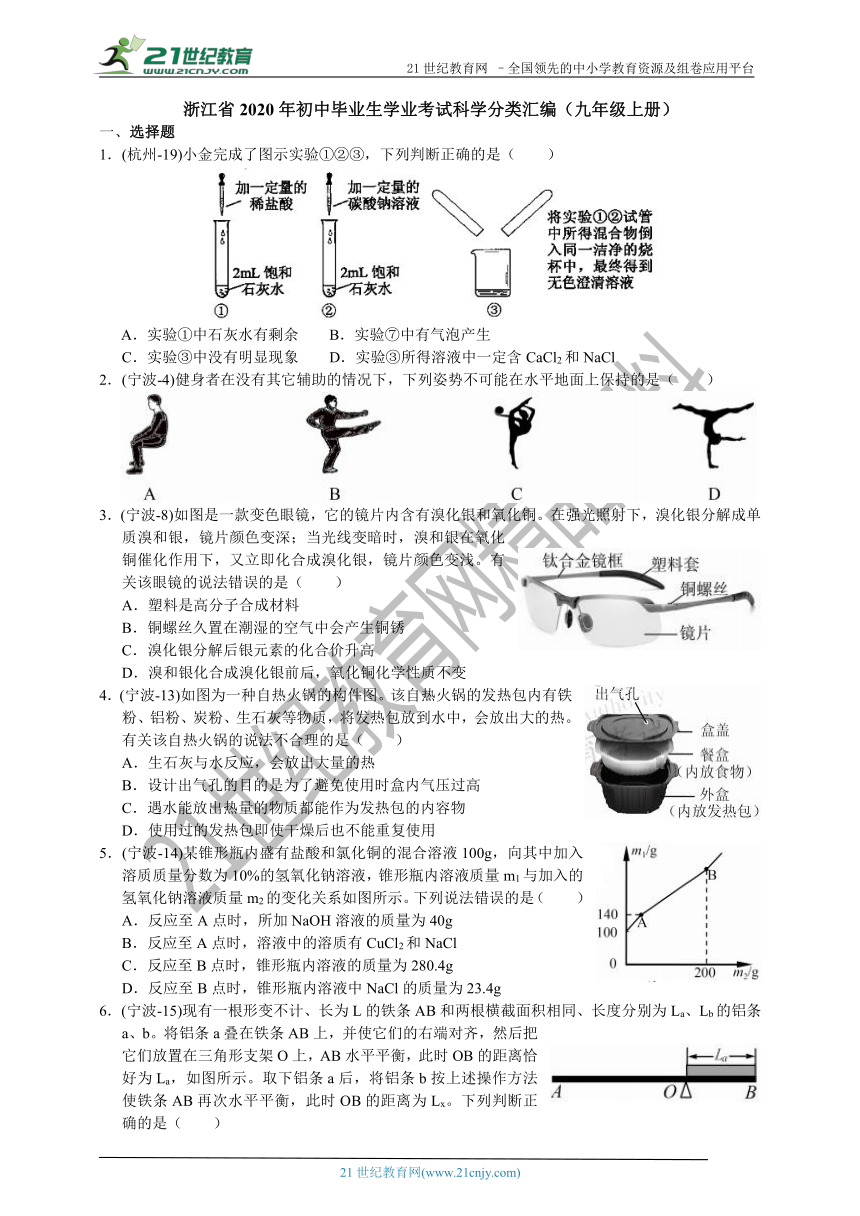 浙江省2020年初中毕业生学业考试科学分类汇编（九年级上册）