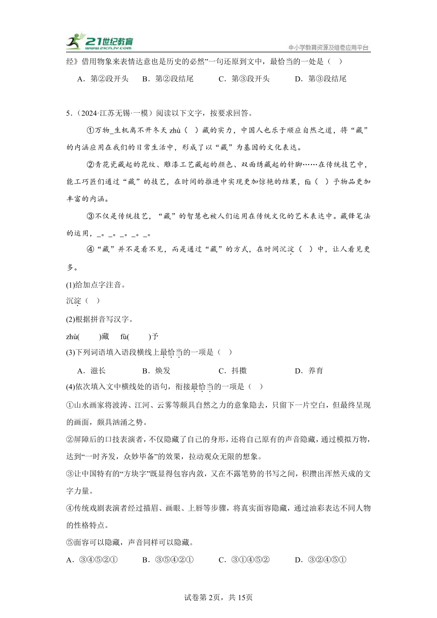 2024年中考语文专项  基础知识综合 14篇  2024年最新的一模真题（含解析）