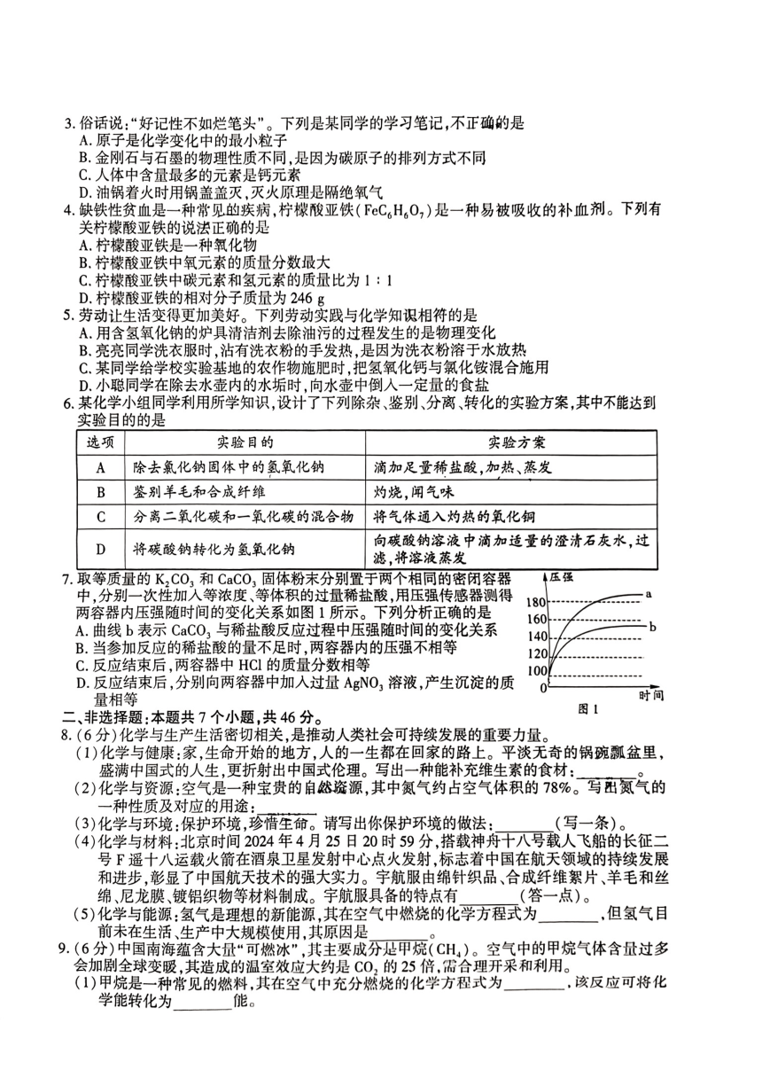 2024年贵州省黔南州中考二模化学试题(图片版,无答案)