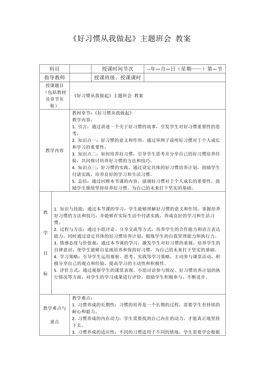 初中主题班会《好习惯从我做起》 教案（表格式）