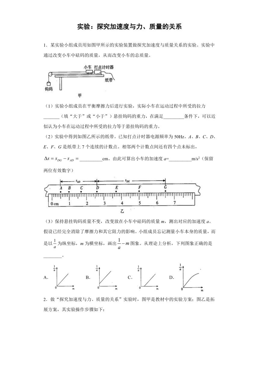 高中物理人教新课标版必修1： 实验 探究加速度与力、质量的关系 补充练习（含解析）