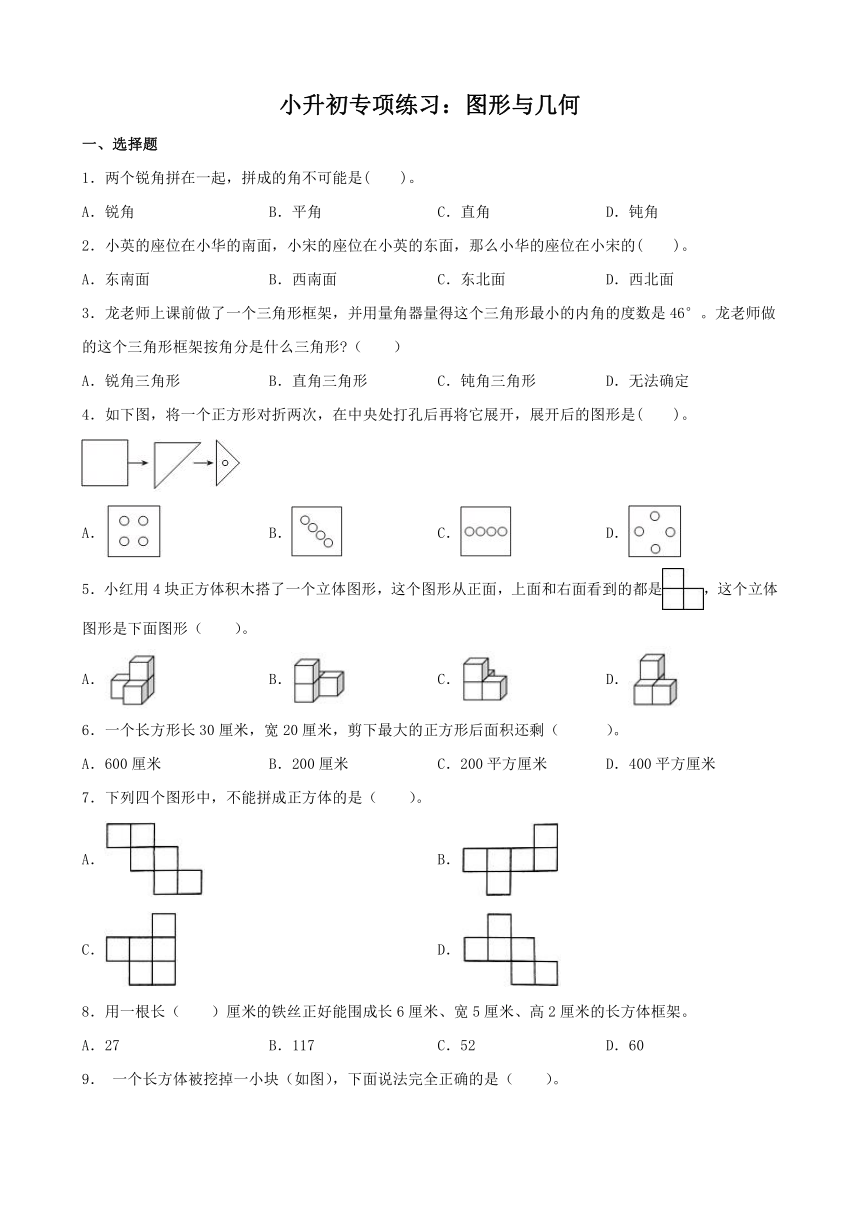 小升初专项练习：图形与几何 2023-2024学年北师大版数学六年级下册（无答案）