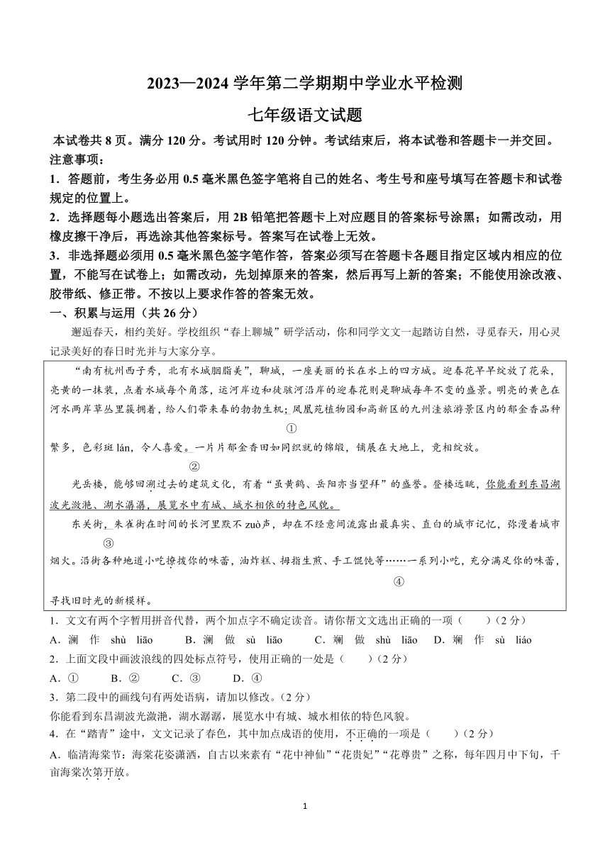 山东省聊城市冠县2023-2024学年七年级下学期期中语文试题（含答案）