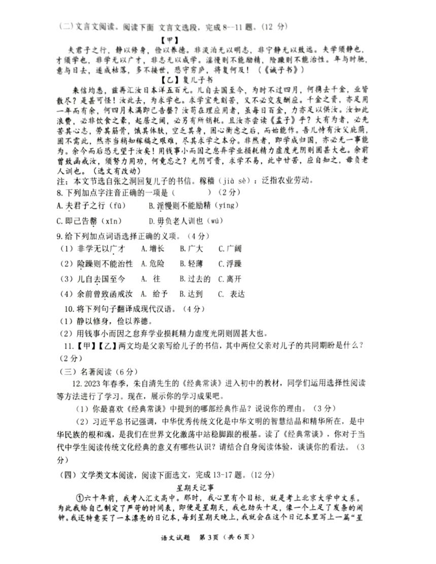 海南省省直辖县级行政单位临高县2023-2024学年九年级下学期5月期中语文试题（图片版，无答案）
