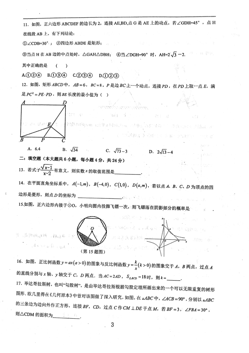 山东省泰安市九年级数学第三次模拟试题（pdf版无答案）