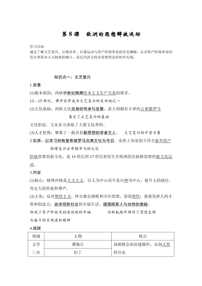 第8课 欧洲的思想解放运动 导学案（无答案）--2023-2024学年高一下学期统编版（2019）必修中外历史纲要下