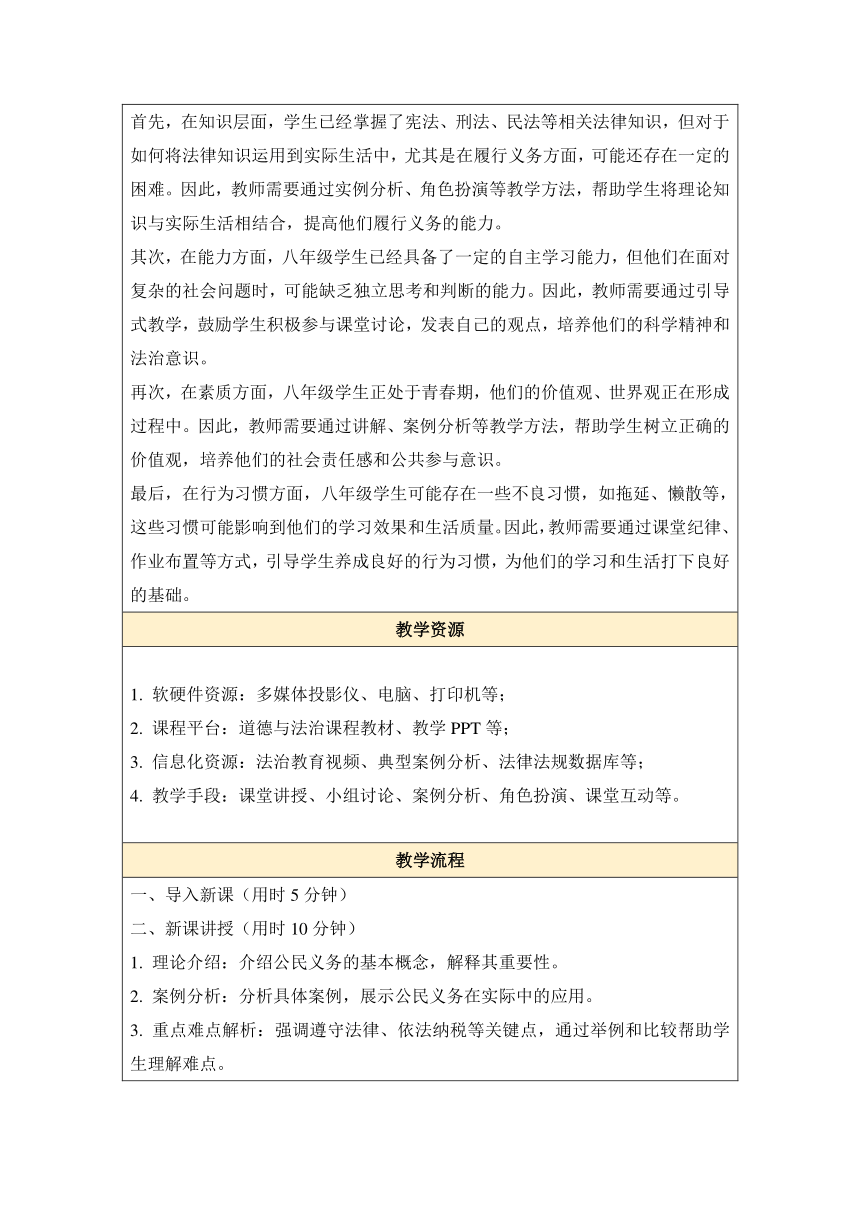 【核心素养目标】4.2 依法履行义务 教案（表格式）-2023-2024学年统编版道德与法治八年级下册